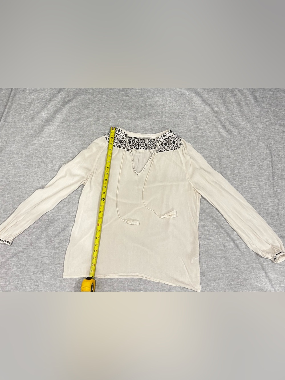 Lucky Brand Ivory Blouse with Black Embroidered Yoke